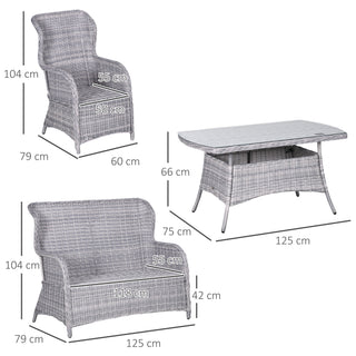 The Outsunny Garden PE Rattan Dining Sofa Set in mixed grey includes high back chairs with cushions: one armchair (104x60x79cm), one loveseat (104x125x79cm), and a tempered glass coffee table (66x125x55cm), all shown with size labels.