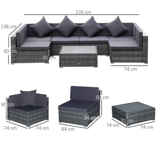 The Outsunny 7 Pieces Patio Wicker Sofa Set features grey cushions, modular PE rattan sections, and an acacia tabletop. Multiple angles shown with dimensions—largest sofa section measures 276 cm wide and 138 cm deep.