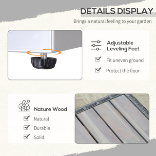 Infographic details the Outsunny 7-Piece Patio Wicker Sofa Set: features include adjustable leveling feet for stability and floor protection, plus a durable, solid acacia wood table top—shown with illustrations and photos.