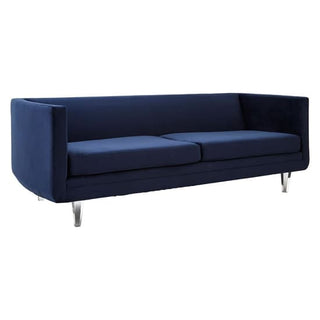 The Premier Sofas Modern Dark Blue Velvet 3 Seater Sofa features sleek acrylic legs, a stylish design with clean lines, boxy arms, and two seat cushions—an elegant modern piece perfect for any living room.