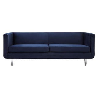 The Premier Sofas Modern Dark Blue Velvet 3 Seater Sofa features clean lines, boxy armrests, two seat cushions, and sleek acrylic legs, showcased against a white background for a stylish look.