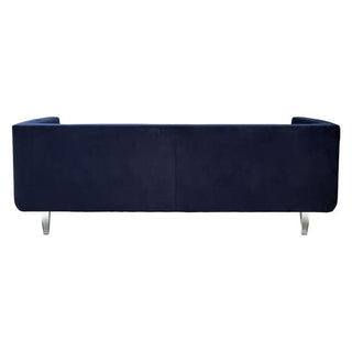 The Premier Sofas Modern Dark Blue Velvet 3 Seater Sofa features a sleek, cushion-free back, smooth upholstery, and acrylic legs for a stylish look—perfect modern living room furniture with clean lines.