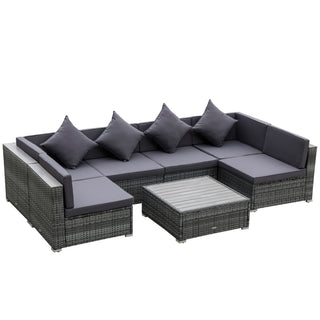 The Outsunny 7-Piece Patio Wicker Sofa Set features grey cushions and an acacia-topped coffee table, offering stylish and durable outdoor seating for your garden or backyard.