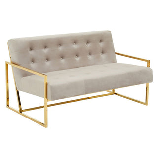 The Premier Sofas Mink Velvet 2 Seater Sofa boasts a compact design, chic beige upholstery, button tufting, and a gold steel frame with geometric legs—ideal for stylish contemporary living rooms.