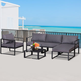 Outsunny 6 PCs Outdoor Indoor Sectional Sofa Set Thick Padded Cushions Aluminium Frame 5 Seaters 1 Coffee Table Footrest Grey - Sofa In Store