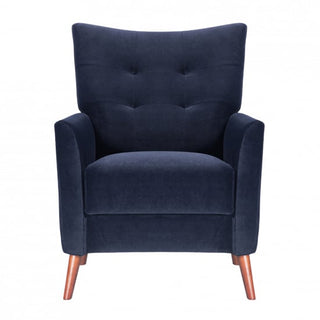 Baron Velvet Lounge Chair in Midnight Blue with Curved Back Support and Wooden Legs - Sofa In Store