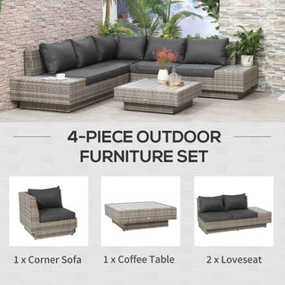 The Outsunny 4 PCs Rattan Garden Furniture Set in light grey includes a sectional corner sofa, coffee table, and armrest cushions—ideal for relaxing on your patio or in the conservatory.