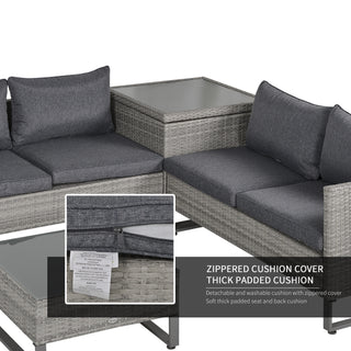 Outsunny 4 Pieces Rattan Garden Furniture Set, 4 Seater Garden Sofa Set with Storage Box, Loveseats and Glass Top Table, Wicker Outdoor Conservatory Furniture with Cushions for Outdoor, Patio, Grey - Sofa In Store