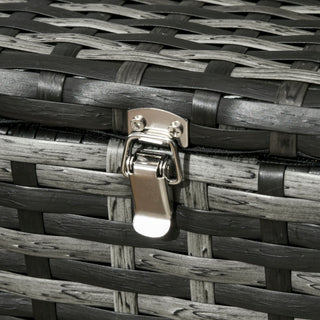 Close-up of the Outsunny 6 Pieces Grey Rattan Garden Furniture Set, showing the detailed woven wicker texture and shiny silver latch on the storage tea table from this stylish 7-seater outdoor sofa set.