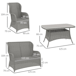 Outsunny Garden PE Rattan Dining Sofa Set, Outdoor 4 Seater Wicker Furniture, High Back Chairs with Cushions, Tempered Glass Coffee Table for Patio, Light Grey - Sofa In Store