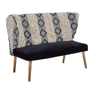 The Nestium FURCO Boho-Inspired 2 Seater Sofa features black velvet upholstery, mango wood legs, and a modern design with a high backrest and geometric-patterned accents.