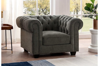 Chesterfield Grey Fabric Armchair – Traditional Design with Tufted Back - Sofa In Store