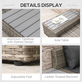 A collage highlights the Outsunny 4 PCs Rattan Garden Furniture Set: light grey wicker weave with cushioned armrests and ladder-shaped backrest, gray slatted aluminum coffee table, adjustable feet, and styled tabletop.