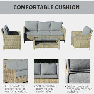 Outsunny 4 Pieces Patio Wicker Sofa Set, Outdoor PE Rattan Sectional Conversation Aluminium Frame Furniture Set w/ Padded Cushion & 2-Tier Tea Table, Brown - Sofa In Store