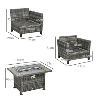 Outsunny 5-Piece Rattan Patio Furniture Set with Gas Fire Pit Table, Loveseat Sofa, Armchairs, Cushions, Pillows, Grey - Sofa In Store