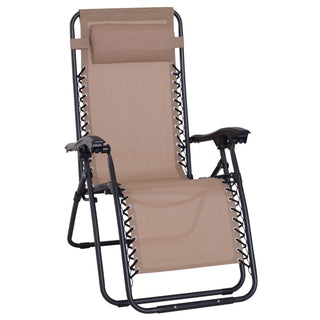 Outsunny Zero Gravity Chair Metal Frame Texteline Armchair Outdoor Folding and Reclining Sun Lounger with Head Pillow for Patio Decking Gardens Camping, Beige - Sofa In Store