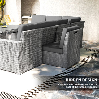 The Outsunny Seven-Piece Rattan Garden Sofa Set in light grey features a hidden armless sofa tucked behind the three-seat section and an expanding table. Ideal for patios, it sits on a patterned stone surface. Text: HIDDEN DESIGN.