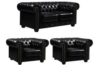 Chesterfield 2+1+1 Seater Sofa Set – Black Leather Antique Design - Sofa In Store
