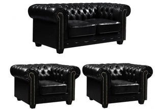 Chesterfield 2+1+1 Seater Sofa Set – Black Leather Antique Design - Sofa In Store