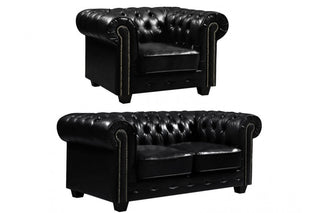 Chesterfield 2+1 Seater Sofa Set – Black Leather Antique Design - Sofa In Store