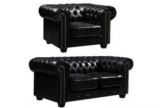 Chesterfield 2+1 Seater Sofa Set – Black Leather Antique Design - Sofa In Store