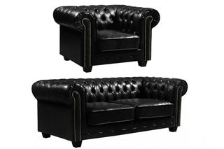 Chesterfield Antique 3+1 Seater Sofa Set – Black Leather Classic Design - Sofa In Store