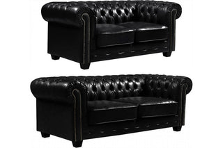Chesterfield 3+2 Seater Sofa Set – Black Leather Antique Style - Sofa In Store