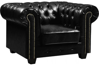 Chesterfield 1 Seater Armchair – Black Leather with Antique Finish - Sofa In Store