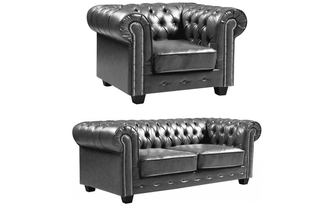 Chesterfield Antique 3+1 Seater Sofa Set – Grey Leather Classic Style - Sofa In Store