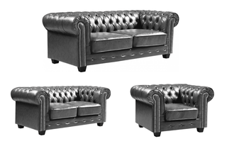 Chesterfield 3+2+1 Seater Grey Leather Antique Sofa Set - Sofa In Store