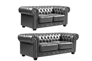 Chesterfield 3+2 Seater Sofa Set – Grey Leather Antique Design - Sofa In Store
