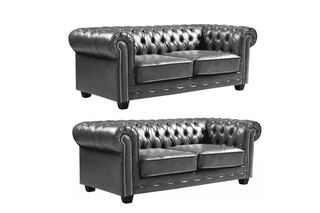 Chesterfield 3+3 Seater Sofa Set – Grey Leather Antique Design - Sofa In Store