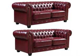 Chesterfield 3+3 Seater Sofa Set – Red Leather Antique Design - Sofa In Store