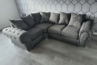 Malmo Grey Fabric Left Corner Sofa – Chesterfield Style Design - Sofa In Store