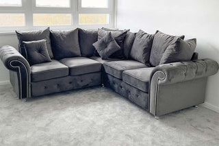 Olympia 5 Seater Grey Fabric Velvet Corner Sofa with Chesterfield Design - Sofa In Store