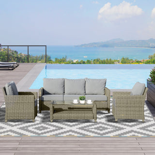 Outsunny 4 Pieces Patio Wicker Sofa Set, Outdoor PE Rattan Sectional Conversation Aluminium Frame Furniture Set w/ Padded Cushion & 2-Tier Tea Table, Brown - Sofa In Store