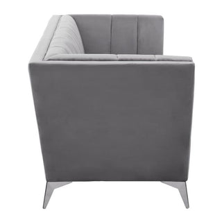 Side view of Premier Sofas Hefei 3 Seater Sofa in grey velvet, featuring a chic design with vertical tufted backrest and chrome metal legs—an elegant addition to any modern living room.