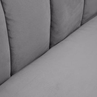 Close-up of Premier Sofas’ Hefei 3 Seater Sofa in grey velvet, featuring soft fabric, vertical seams, and chrome metal legs—a chic, modern choice for your living room.