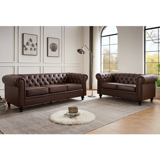 Hertford Chesterfield Leather 3+2 Seater Sofa Set In Antique Brown - Sofa In Store