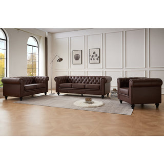 Hertford Faux Leather 3+2+1 Seater Chesterfield Sofa Set in Antique Brown Elegant Living Room Furniture - Sofa In Store