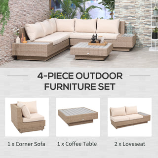 The Outsunny 4 PCs Rattan Garden Furniture Set in beige features a sectional corner sofa, two loveseats, and a coffee table with armrests and cushions—perfect for patios or conservatories. Wicker weave design shown on a light background.