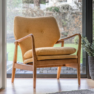 Jenson Fabric Armchair with Wooden Legs in Ochre - Stylish Mid-Century Design - Sofa In Store