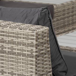 Close-up of the Outsunny 4 PCs Rattan Garden Furniture Set, featuring a light grey wicker weave chair with armrest and plush cushion, part of an outdoor sectional sofa and coffee table ensemble.