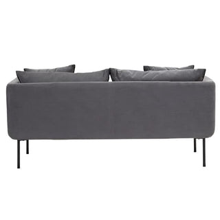 The Premier Sofas Plush Grey Fabric 2 Seater Sofa features a modern design with four plush cushions and slim black metal legs, all seen from the back in this sleek, contemporary piece.