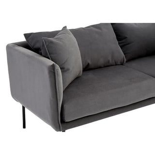 A close-up of the Premier Sofas Plush Grey Fabric 2 Seater Sofa shows its sleek black metal legs, plush cushions, and modern design, highlighting the left armrest and part of the seat.