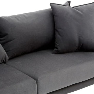 The Premier Sofas Plush Grey Fabric 2 Seater Sofa features large matching back cushions, armrests, and sleek black metal legs for a modern look.