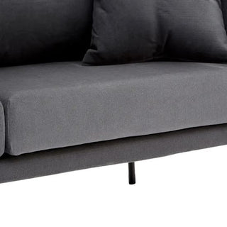 The Plush Grey Fabric 2 Seater Sofa by Premier Sofas showcases thick seat cushions, a matching backrest pillow, and sleek black metal legs—combining comfort and modern design for any contemporary living space.