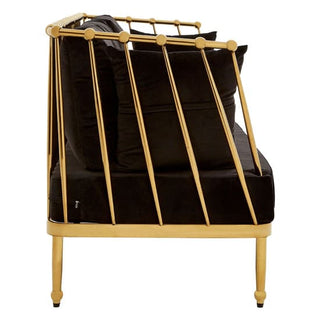 Side view of the Premier Sofas Kurhah Black Velvet 3 Seater Sofa, featuring plush black cushions, a gold tapered frame with vertical rods, and an open back and sides for a sleek, contemporary look.