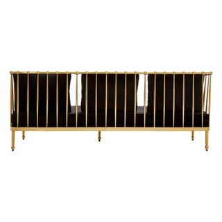 The Kurhah Black Velvet 3 Seater Sofa by Premier Sofas features a gold tapered frame, plush black cushions, vertical gold rods, and spherical accents for a sleek, contemporary look—shown here from the back.