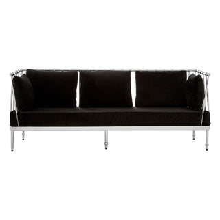 The Nestium Black Velvet Fabric 3 Seater Sofa boasts a sleek silver frame and legs, three back cushions, and two side cushions, offering luxurious comfort design against a plain white background.